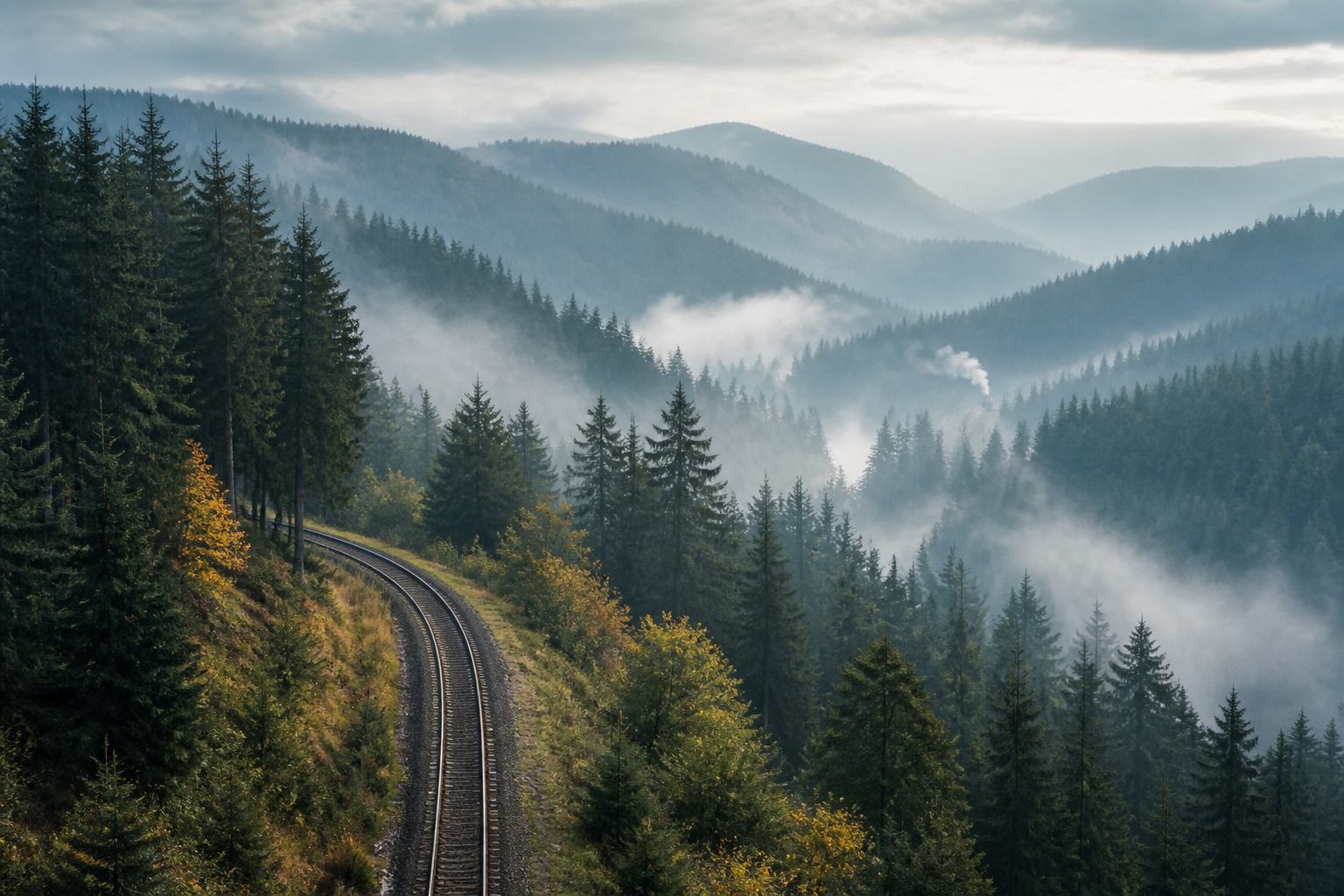 Schematische Reiseatmosphäre entlang einer Harzer Bahnstrecke durch Fichtenwald