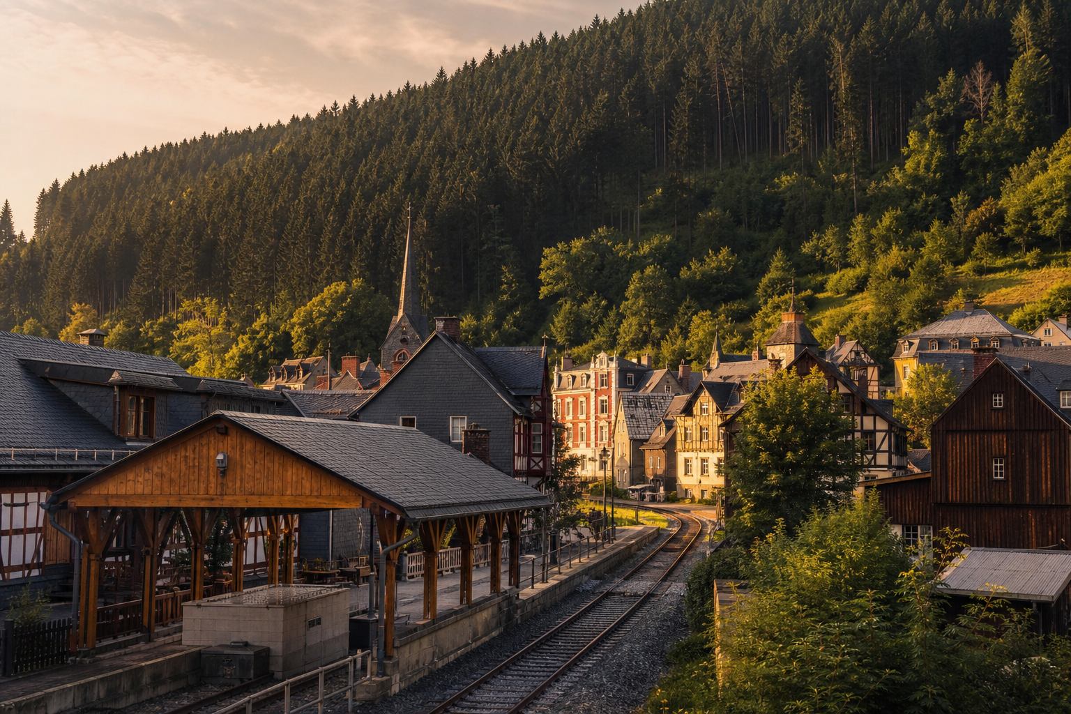 Holzfassaden und Schieferdächer einer Harzer Bergstadt